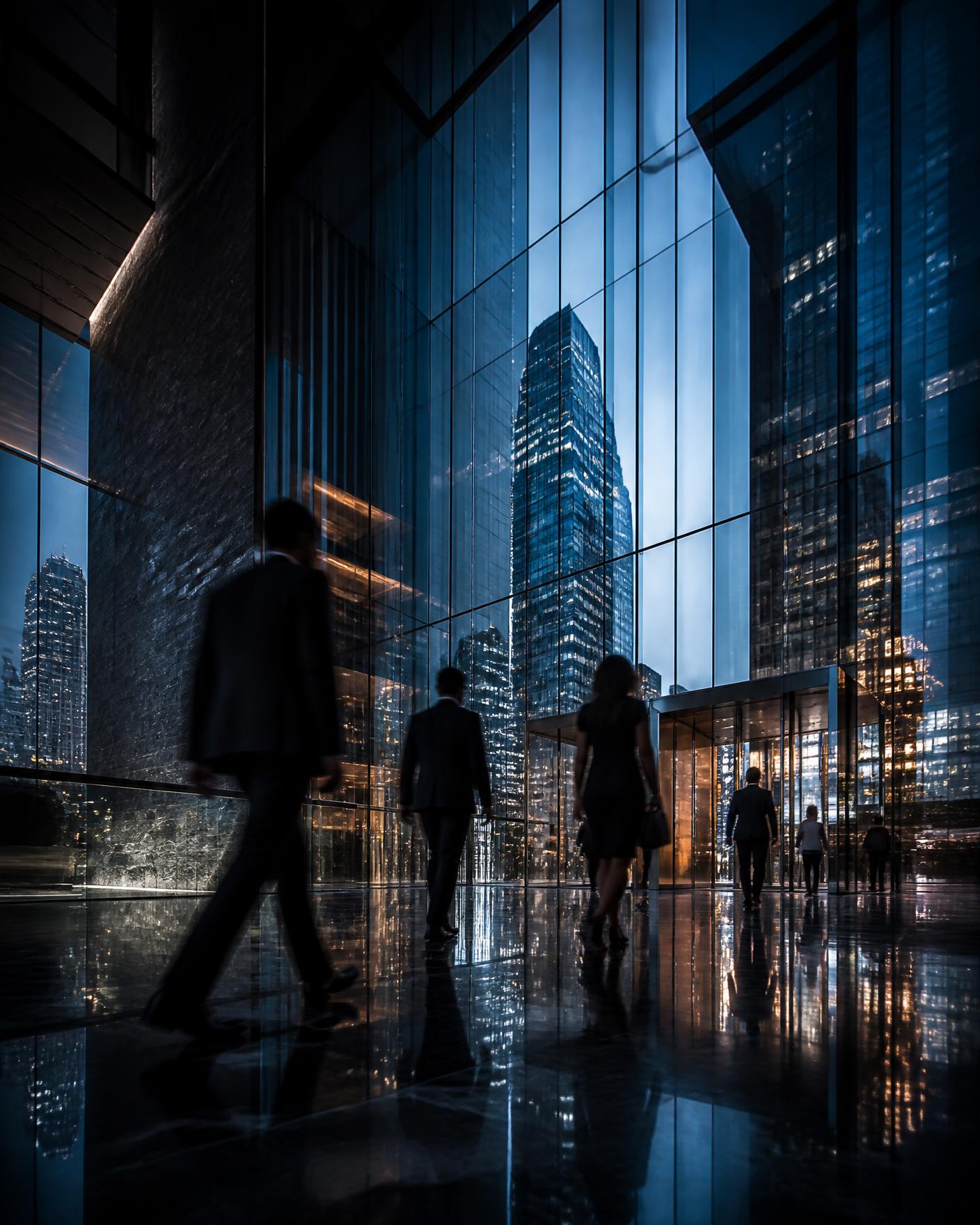 Executives walking through a glass skyscraper lobby at blue hour, city lights reflected across the facade